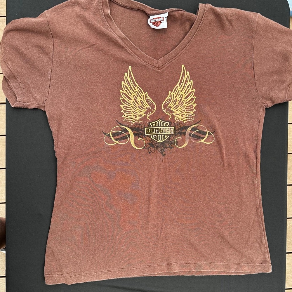 Harley-Davidson Womens V-Neck Graphic T-Shirt Brown Winged Logo Faribault MN LG